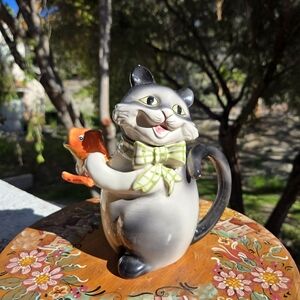 Vintage Ceramic Cat Holding Gold  Fish Teapot Siamese Cat Collectible Unique